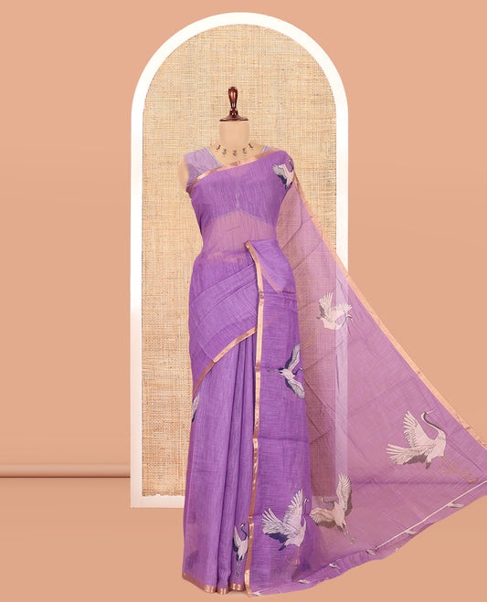 Borderless Violet Linen Cotton Saree, Adorned with Crane Motifs Print, and a Matching Blouse