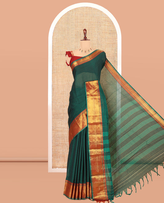 Green Plain Mercerised Cotton Saree, a Contrast Traditional Zari Border, Striped Pallu and a Matching Blouse