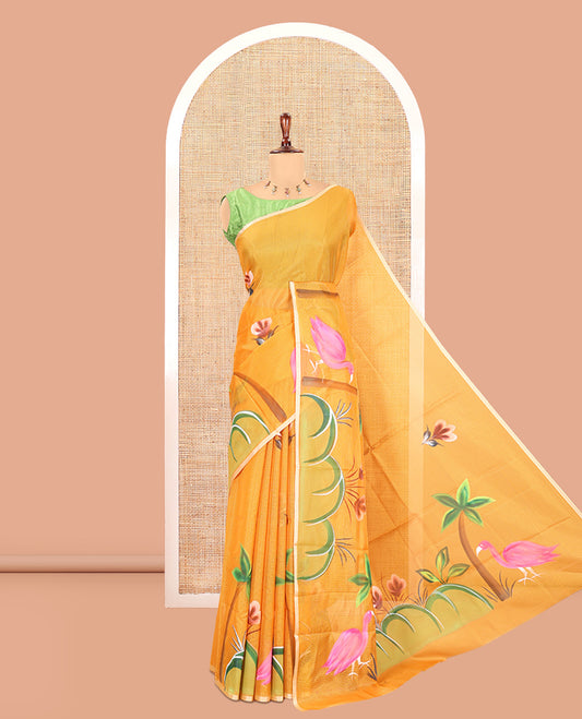 Mustard Kota Doria Saree, Artfully Adorned with Floral and Flamingo Hand-Brush Print, a Piping Border, a Matching Blouse