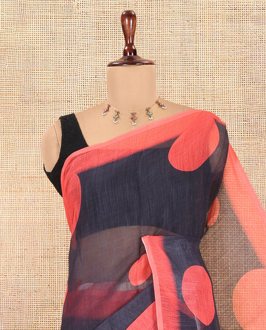 Black Linen Cotton Saree, Subtly Sparkled with Polka Dot Buttas, a Contrast Border, a Contrast Blouse