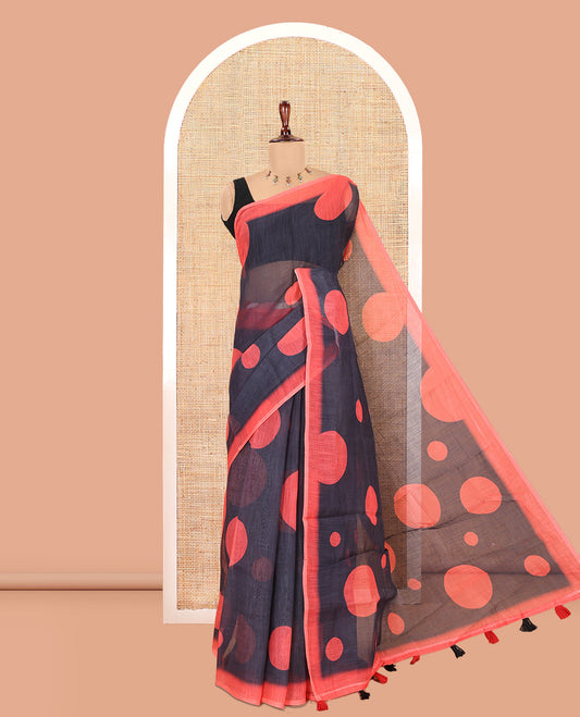 Black Linen Cotton Saree, Subtly Sparkled with Polka Dot Buttas, a Contrast Border, a Contrast Blouse
