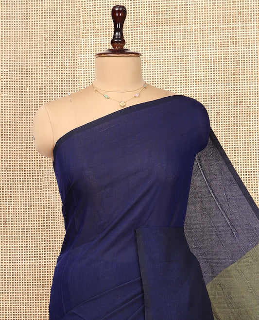 Borderless Royal Blue-Green Plain Design Khadi Cotton Saree