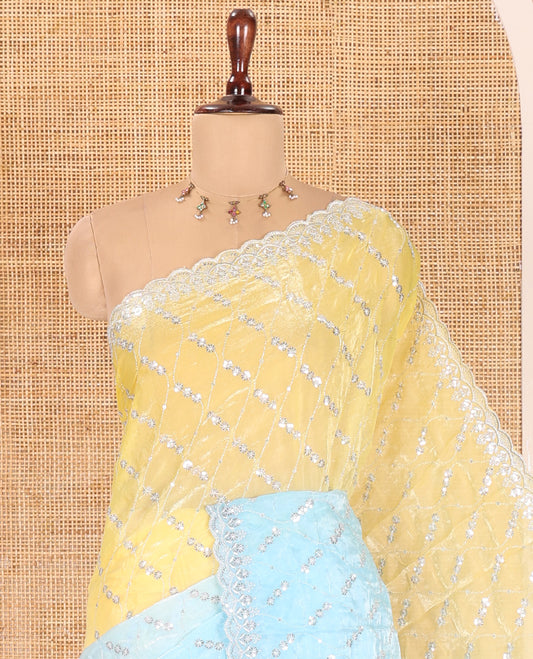 Yellow-Blue Fendy Chiffon Saree