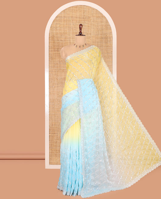 Yellow-Blue Fendy Chiffon Saree