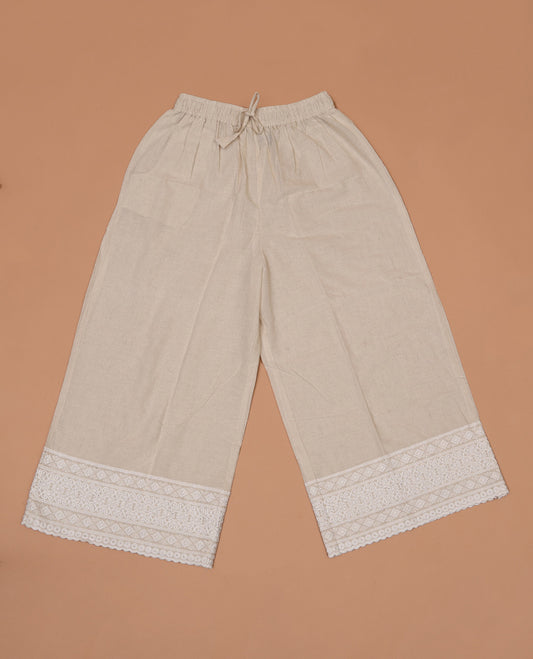 Chikku diamond-floral motifs thread and sequins embroidered khadi mul cotton palazzo pants