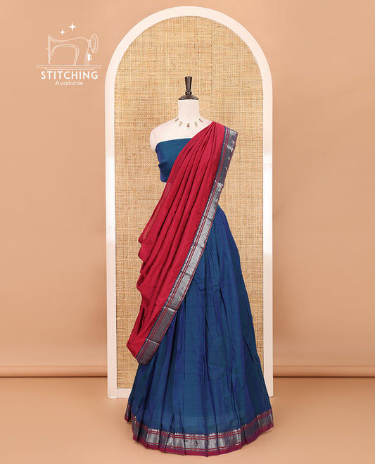 Peacock blue mercerized cotton half-saree, plain & contrast traditional temple border skirt, matching blouse & contrast temple zari border vichitra silk dhavani