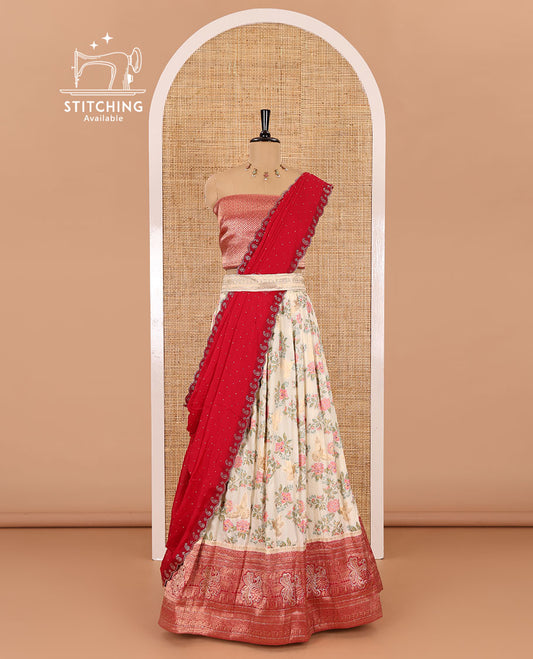 Cream and magenta half-saree, floral and bird printed nylon viscose crepe top, contrast traditional zari and stone work border, jacquard banaras blouse, and scallop stone work dhavani