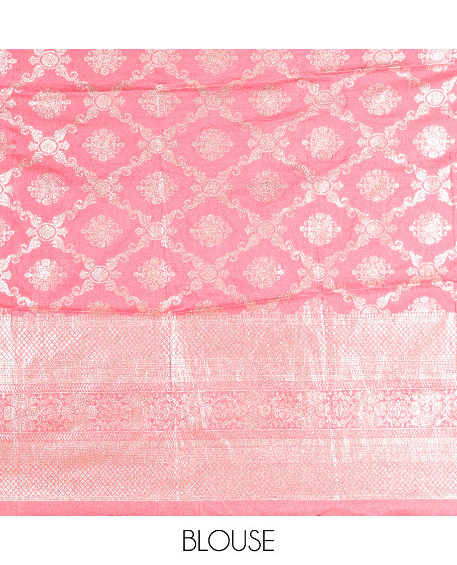 White-peach half-saree, zari buttas with contrast bordered nylon viscose crepe skirt, a jaal jacquard design Vichitra silk blouse, and a contrast striped Vichitra silk dhavani