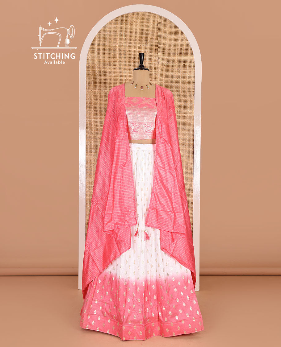 White-peach half-saree, zari buttas with contrast bordered nylon viscose crepe skirt, a jaal jacquard design Vichitra silk blouse, and a contrast striped Vichitra silk dhavani