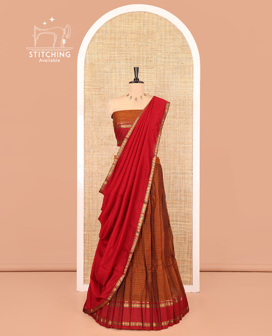 Rust-Red Mercerised Cotton Saree Features a Checked Skirt, Contrast Temple-Rudraksham Rettai Pettu Border, a Matching Blouse, and Contrast Vichitra Silk Dhavani