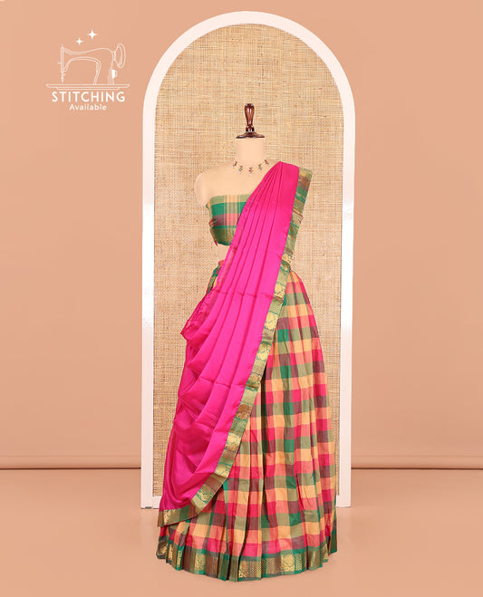 Multi-Color Chettinad Cotton Half Saree Features Checked Skirt, Peacock Border, Matching Blouse, Contrast Dhavani