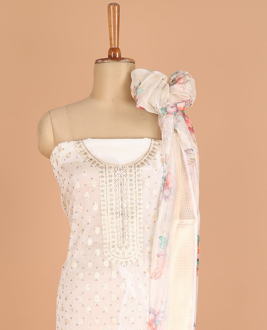 Cream chudidhar material organza zari weaving butta design top with cotton pants & organza digital floral print with zari dupatta
