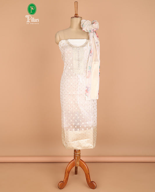 Cream chudidhar material organza zari weaving butta design top with cotton pants & organza digital floral print with zari dupatta