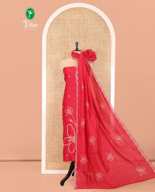 Maroon Mul Chanderi Designer Material Chudidar Set, Meticulously Woven with Big Floral Motifs Embroidered On Its Top, A Plain Santoon Bottom, and Paired with a Mul Chanderi Scallop Thread Embroidered Dupatta