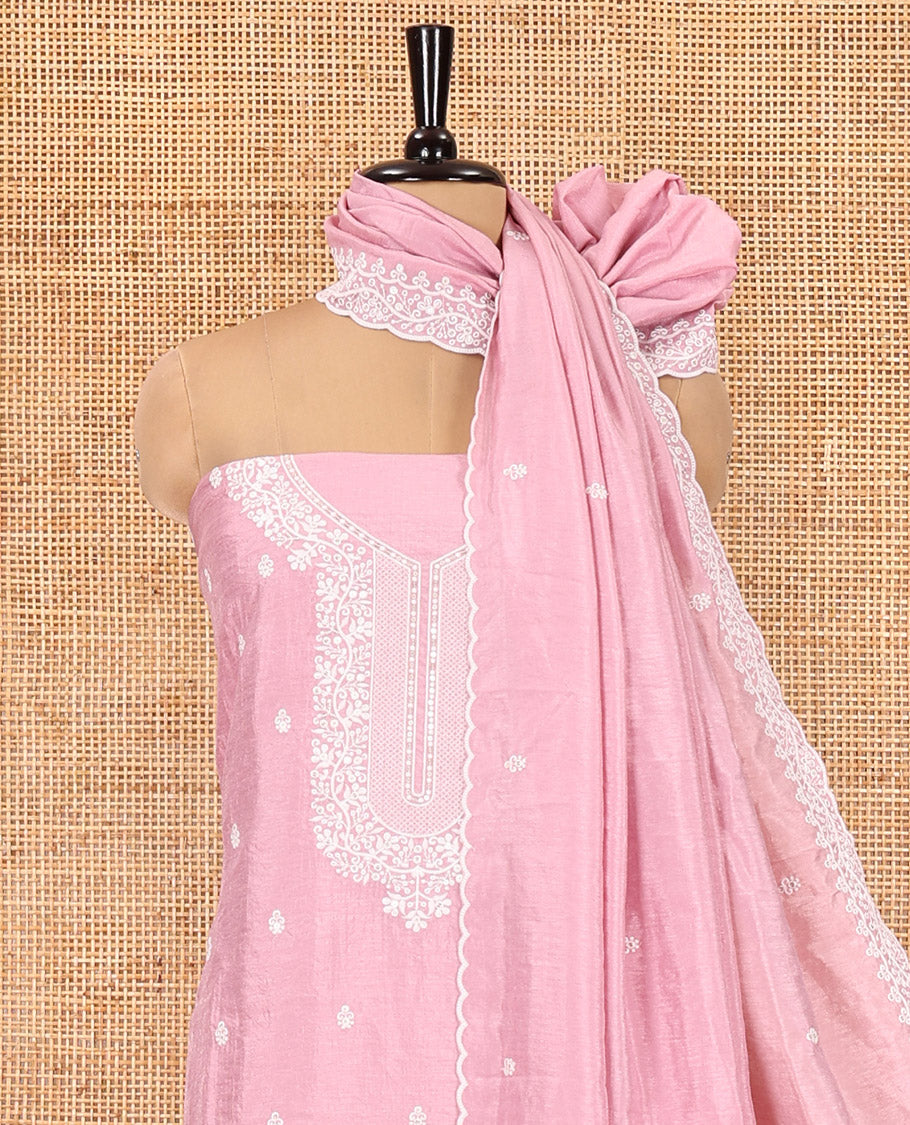 Pink Material Chudidar Set, Delicately Woven with Thread Embroidered Motifs Woven on Mul Chanderi Top, a Mul Chanderi Bottom, Paired with Thread-Embroidered Mul Chanderi Scallop-Bordered Dupatta