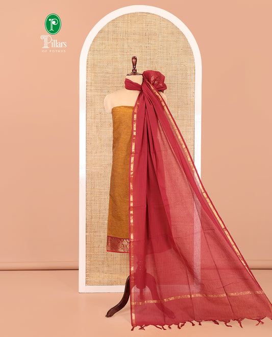 Mustard Handloom Cotton Material Chudidar, Plain and Contrast Traditional Zari-Bordered Top, a Contrast Plain Bottom, and Contrast Dupatta