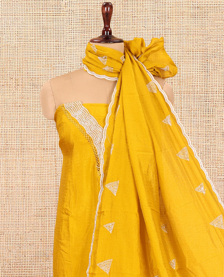Yellow Vichitra Silk Material Chudidar Features a V-Neck Thread-Sequined Top, a Plain Bottom, Matching Thread-Sequined Dupatta