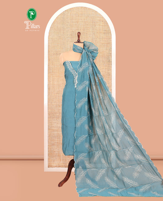 Blue Mul Chanderi Material Churidar Set, V-Neck Thread Embroidered Top, a Matching Bottom, a Thread Leaf Embroidered Dupatta
