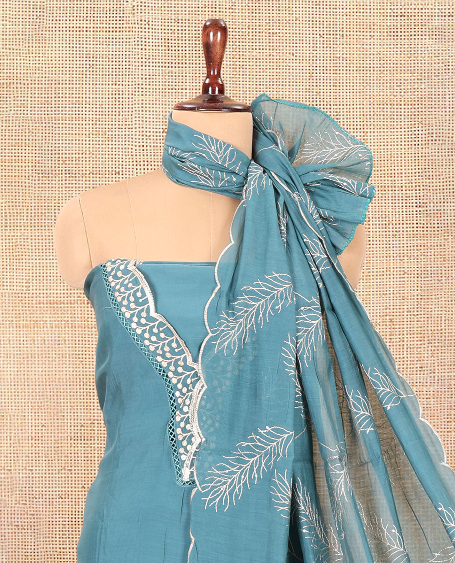 Blue Mul Chanderi Material Churidar Set, V-Neck Thread Embroidered Top, a Matching Bottom, a Thread Leaf Embroidered Dupatta
