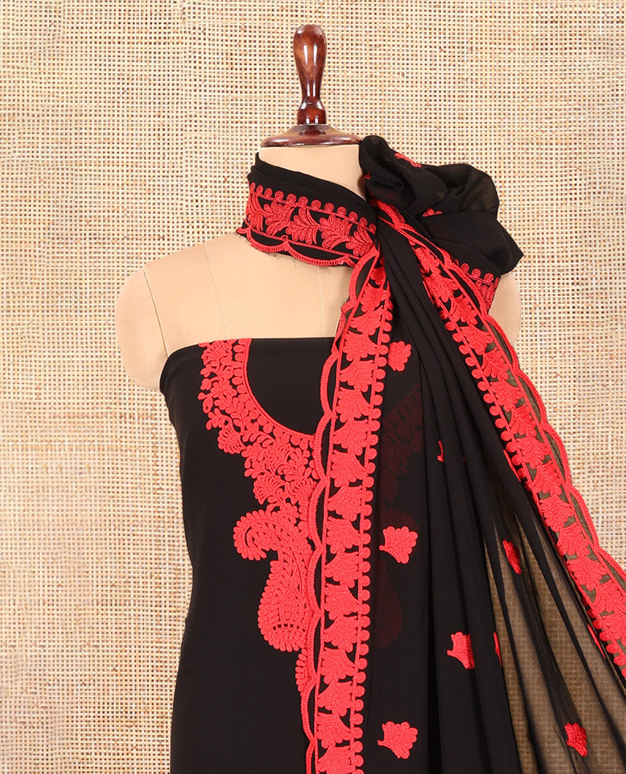 Black-Red Georgette Material Churidar Features Paisley Embroidered Top, Plain Bottom, Scallop Thread Embroidered Dupatta