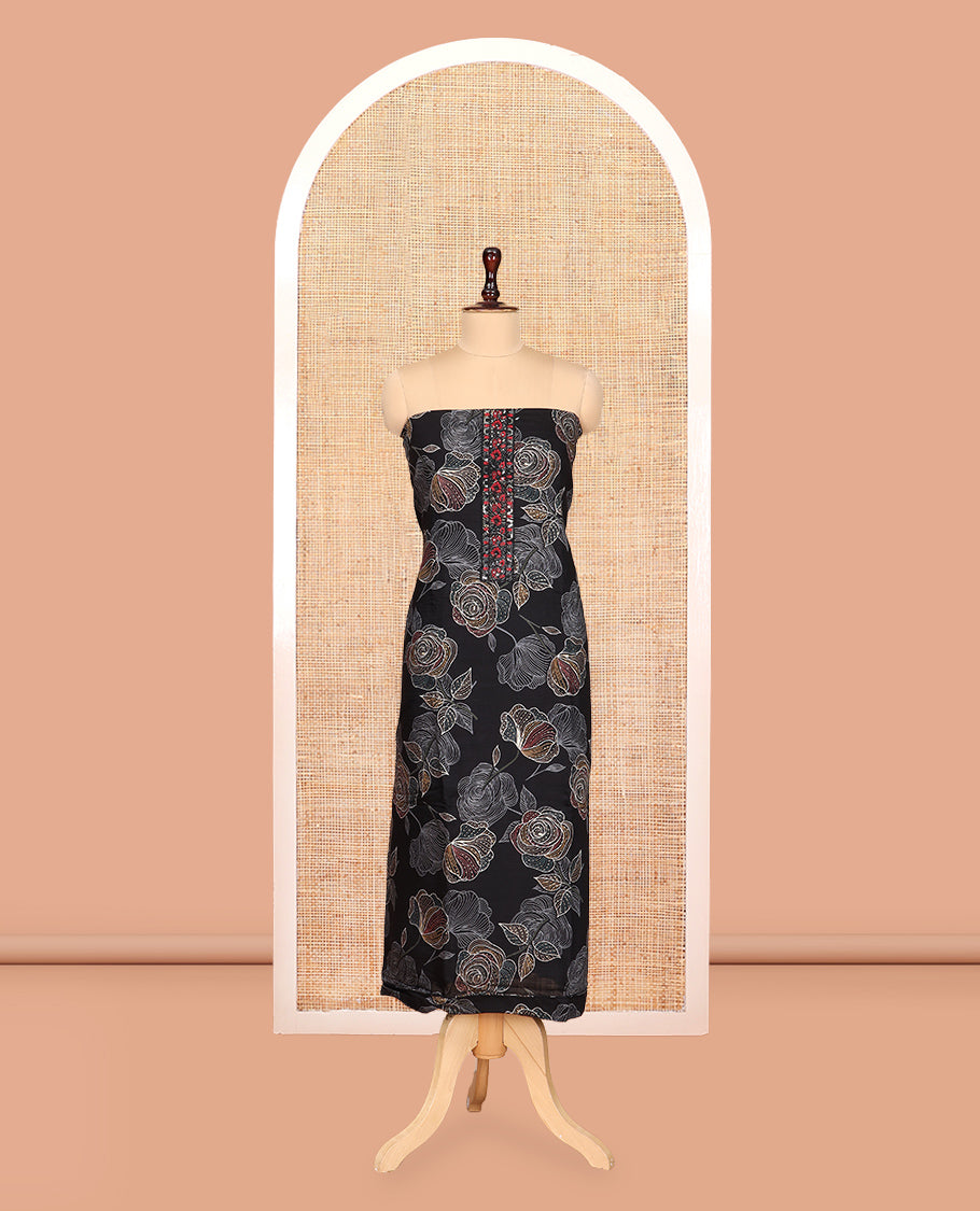 Black Vertican Silk Material Churidar Features Floral Printed Neck Work Top, a Contrast Bottom, a Sequins Striped Dupatta