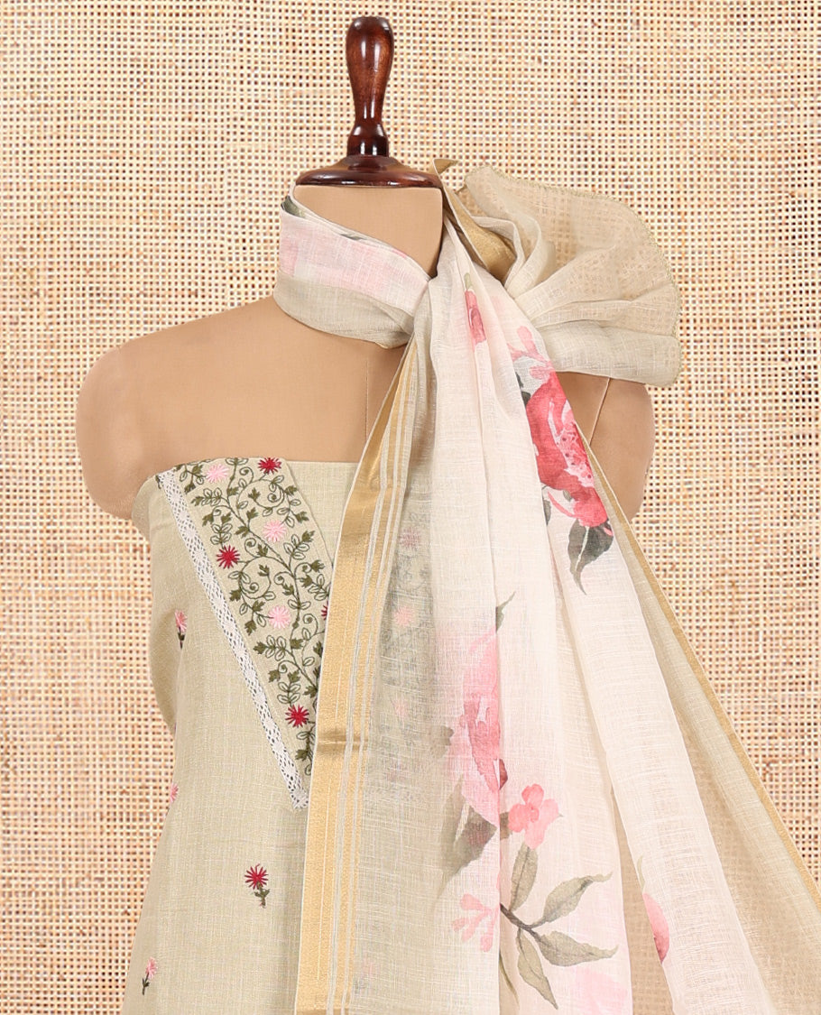 Lite Elachi Green Linen Cotton Material Chudidar,embroidered V-Neck Top,cotton Bottom, Floral Dupatta