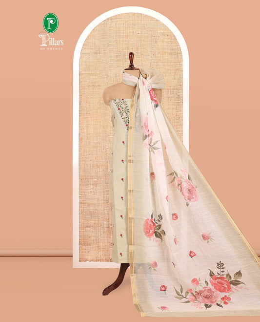 Lite Elachi Green Linen Cotton Material Chudidar,embroidered V-Neck Top,cotton Bottom, Floral Dupatta