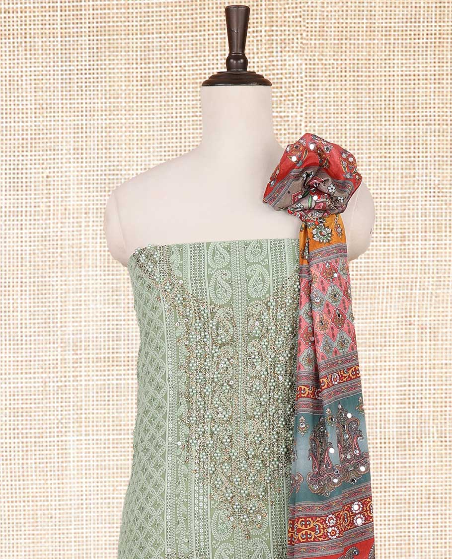 Pista green shifli sequins work, swarovski stone, moti work georgette chudidhar material top with american crepe pant & chinnon material digital print , mirror work dupatta