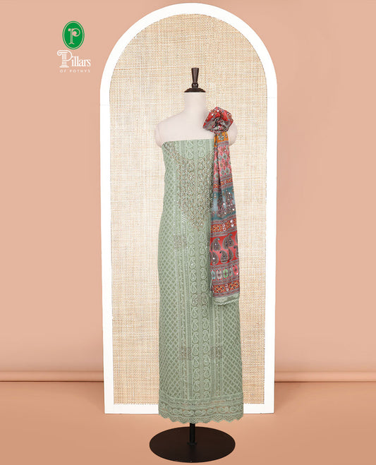 Pista green shifli sequins work, swarovski stone, moti work georgette chudidhar material top with american crepe pant & chinnon material digital print , mirror work dupatta