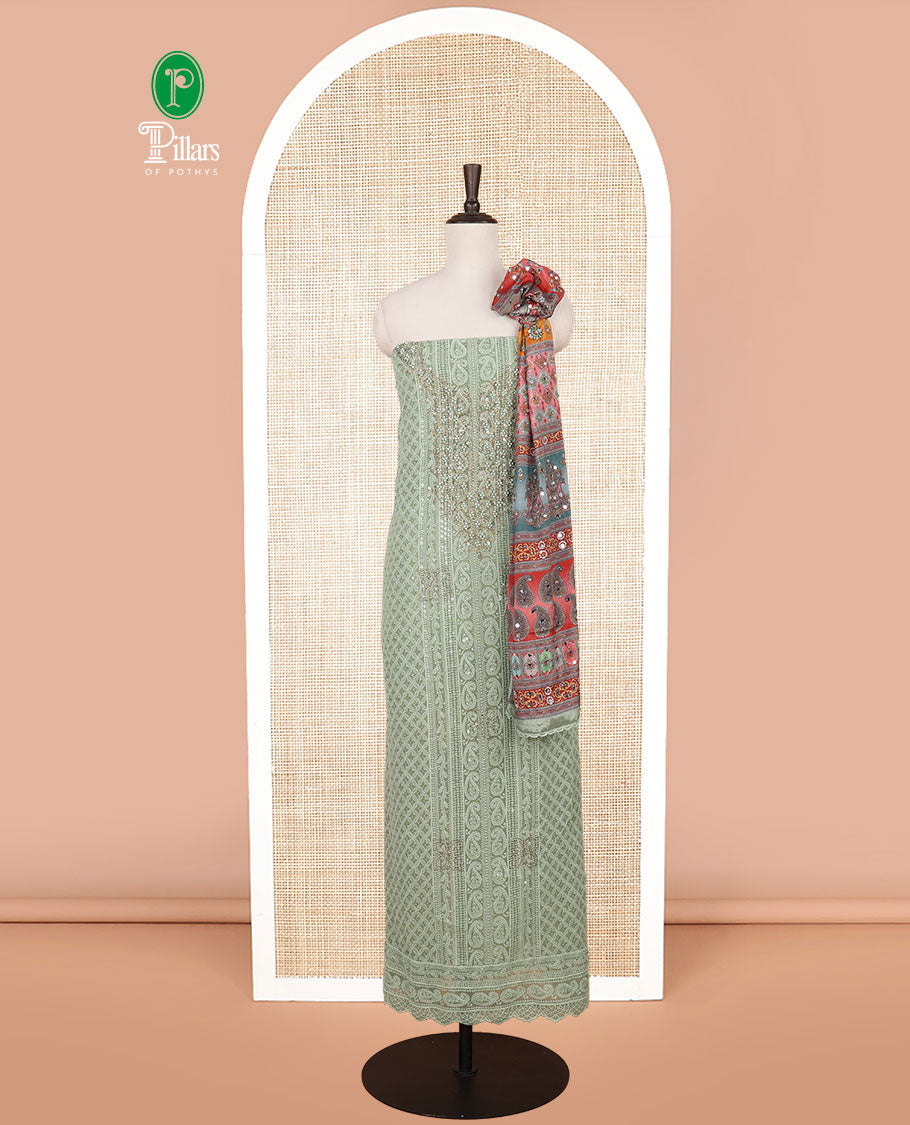 Pista green shifli sequins work, swarovski stone, moti work georgette chudidhar material top with american crepe pant & chinnon material digital print , mirror work dupatta