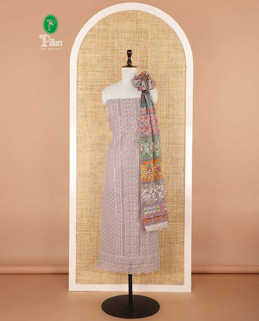 shifli lucknowi embroidery mango design georgette chudidhar material top with american crepe pant & floral digital print, sequins embroider dupatta