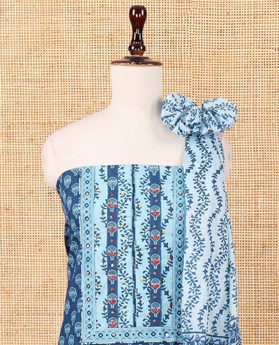 Indigo blue chudidar material set,flower buttas,floral patch work & French knot soft cotton top, floral printed bottom & mul-mul cotton dupatta