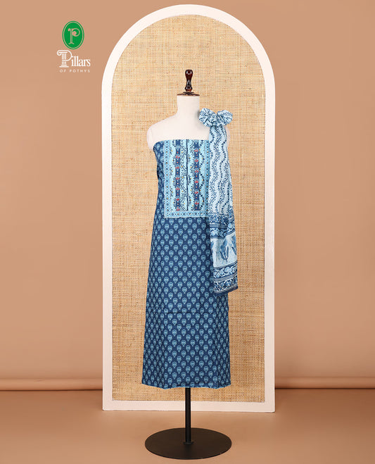 Indigo blue chudidar material set,flower buttas,floral patch work & French knot soft cotton top, floral printed bottom & mul-mul cotton dupatta