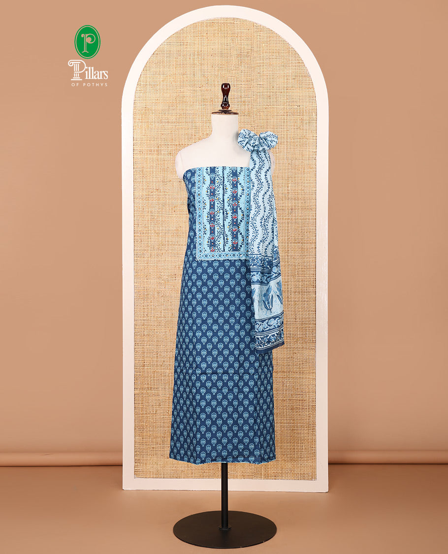 Indigo blue chudidar material set,flower buttas,floral patch work & French knot soft cotton top, floral printed bottom & mul-mul cotton dupatta