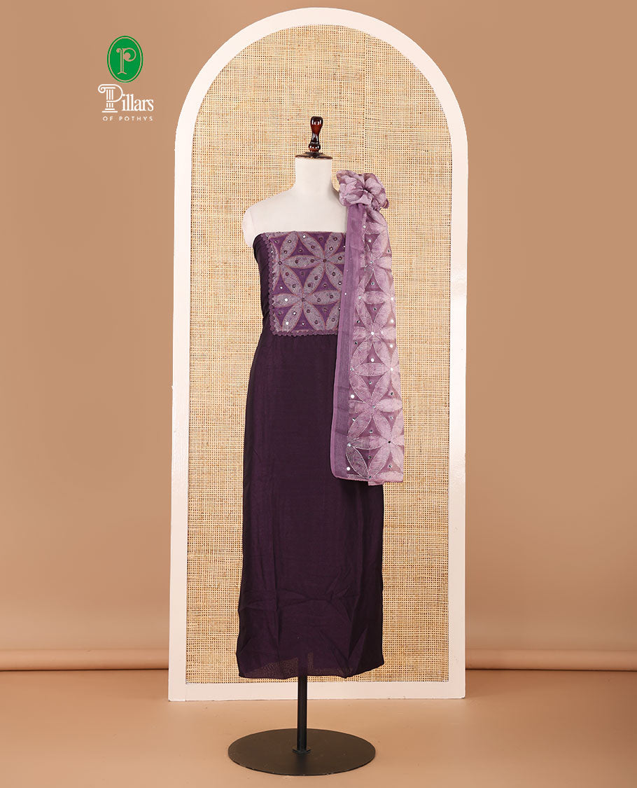 Purple material chudidar, brasso floral print & mirrorwork vichitra silk top, santoon bottom & shimmer georgette dupatta of floral print & mirrorwork