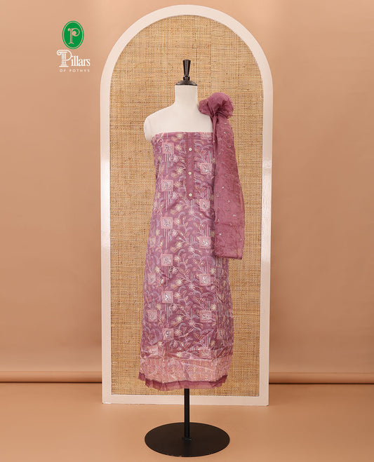 Onion pink material chudidar set,floral-geometric print & outline embroidery organza top,plain bottom & floral vine sequins embroidery dupatta