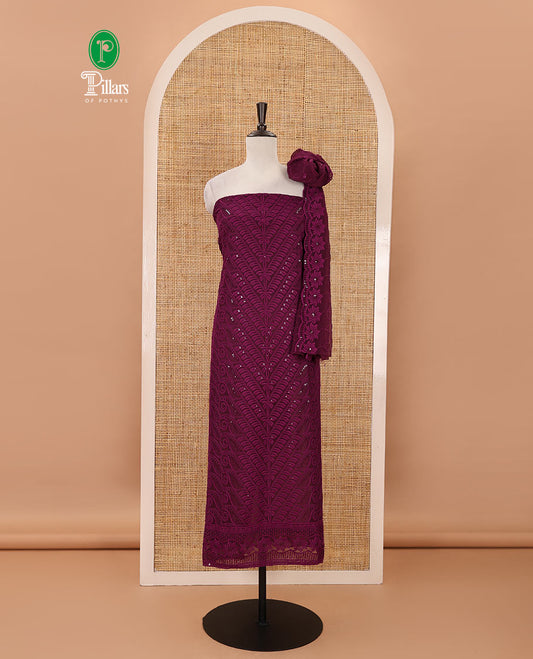 Purple material chudidar set, intricately schiffli embroidered georgette top & sequins embroidered scallop georgette dupatta
