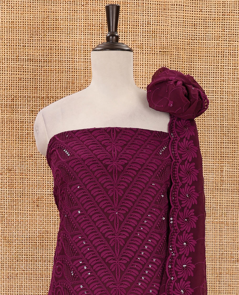 Purple material chudidar set, intricately schiffli embroidered georgette top & sequins embroidered scallop georgette dupatta