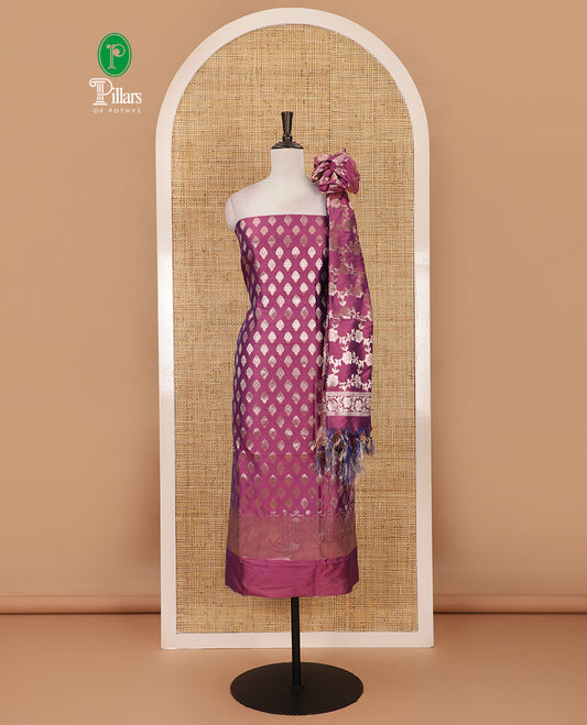 Wine banarasi material chudidar set, zari buttas woven top, plain bottom, and floral jaal taffeta silk dupatta