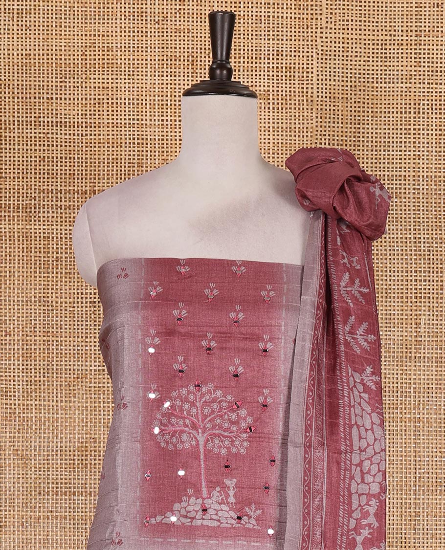 Chikku-red material churidar set, warli tribe village theme print with mirror work semi-tussar top, plain bottom, and warli tribe village theme print semi-tussar dupatta