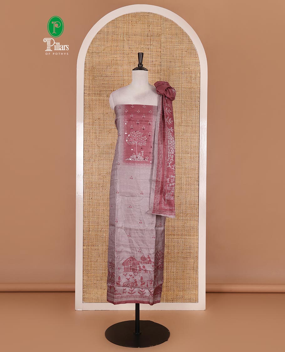 Chikku-red material churidar set, warli tribe village theme print with mirror work semi-tussar top, plain bottom, and warli tribe village theme print semi-tussar dupatta