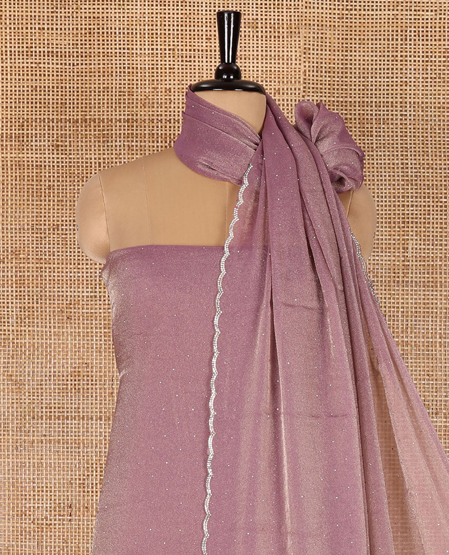 Lavender material chudidar set, stone work moss organza top, a matching bottom, and scallop stone work moss organza dupatta