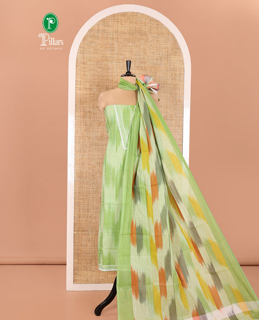 Green Material Chudidhar Set Featuring Delicately Ikkat Woven Handloom Cotton Top, Plain Cotton Bottom, and Handloom Cotton Ikkat Textured Dupatta