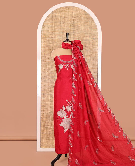 Magenta Material Chudidhar Set, Enlivened with an Floral Motifs Embroidered on its Vichitra Silk Top, Plain Santoon Bottom, and Vichitra Silk Dupatta of Leaf Motifs Embroidery