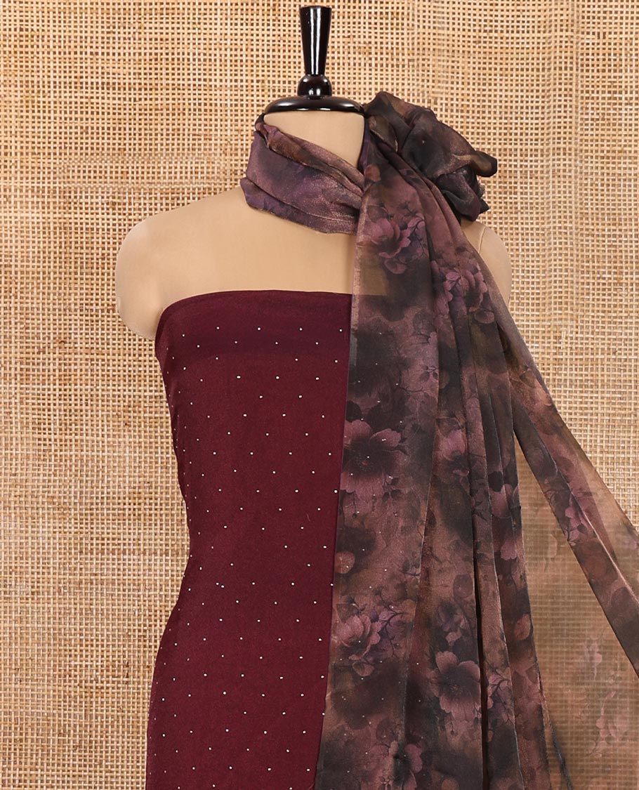 Wine Material Churidar Set, Elevated with Swarovski Stone Work Nc Moss Organza Top, Comes with a Plain Santoon Bottom, and Floral Printed Nc Moss Organza Dupatta