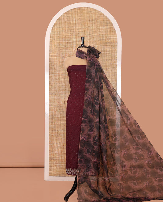 Wine Material Churidar Set, Elevated with Swarovski Stone Work Nc Moss Organza Top, Comes with a Plain Santoon Bottom, and Floral Printed Nc Moss Organza Dupatta