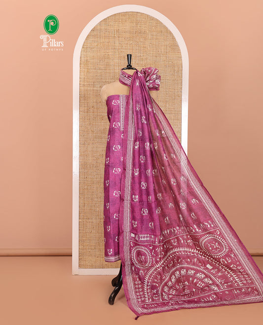Pink Material Churidar Set, Beautifully Designed with Warli Motifs Printed on Chanderi Top, Comes with a Plain Santoon Bottom, and Is Paired with a Chanderi Dupatta Featuring Warli-Village Themed Motifs Print