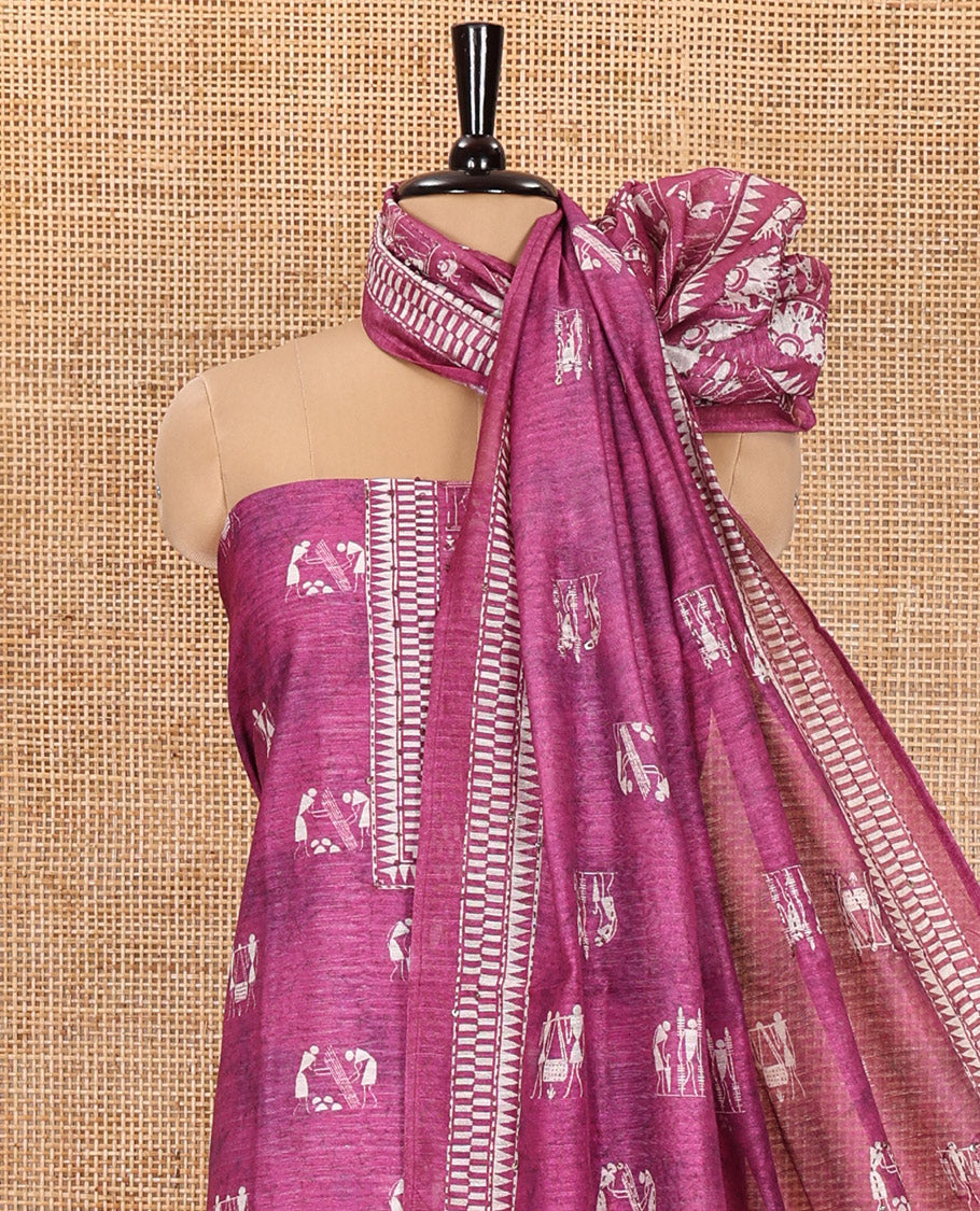 Pink Material Churidar Set, Beautifully Designed with Warli Motifs Printed on Chanderi Top, Comes with a Plain Santoon Bottom, and Is Paired with a Chanderi Dupatta Featuring Warli-Village Themed Motifs Print
