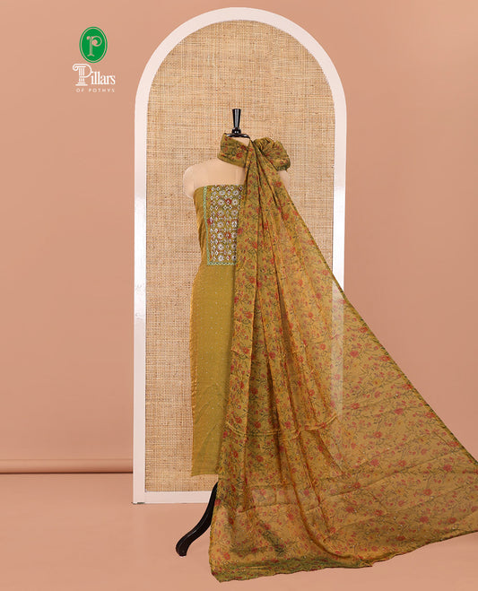 Green Material Churidar Set, Gleamed Up with Stone Work and Floral Print on Nc Moss Organza Top, Comes with a Plain Santoon Bottom, and Is Paired with a Nc Moss Dupatta of Floral Print and Stone Work