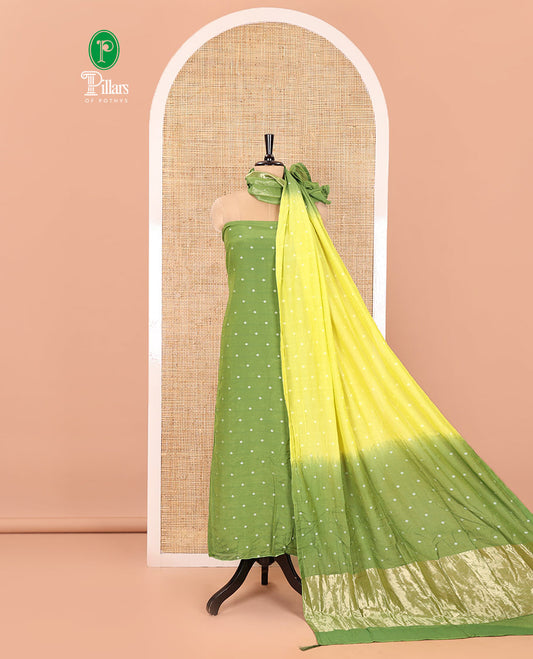 Green and Yellow Semi-Silk Material Churidar Set, Subtly Made with Bandhani Dots Print, Comes with a Plain Santoon Bottom, and Paired with a Double-Colored Dupatta of Bandhani Dots Print